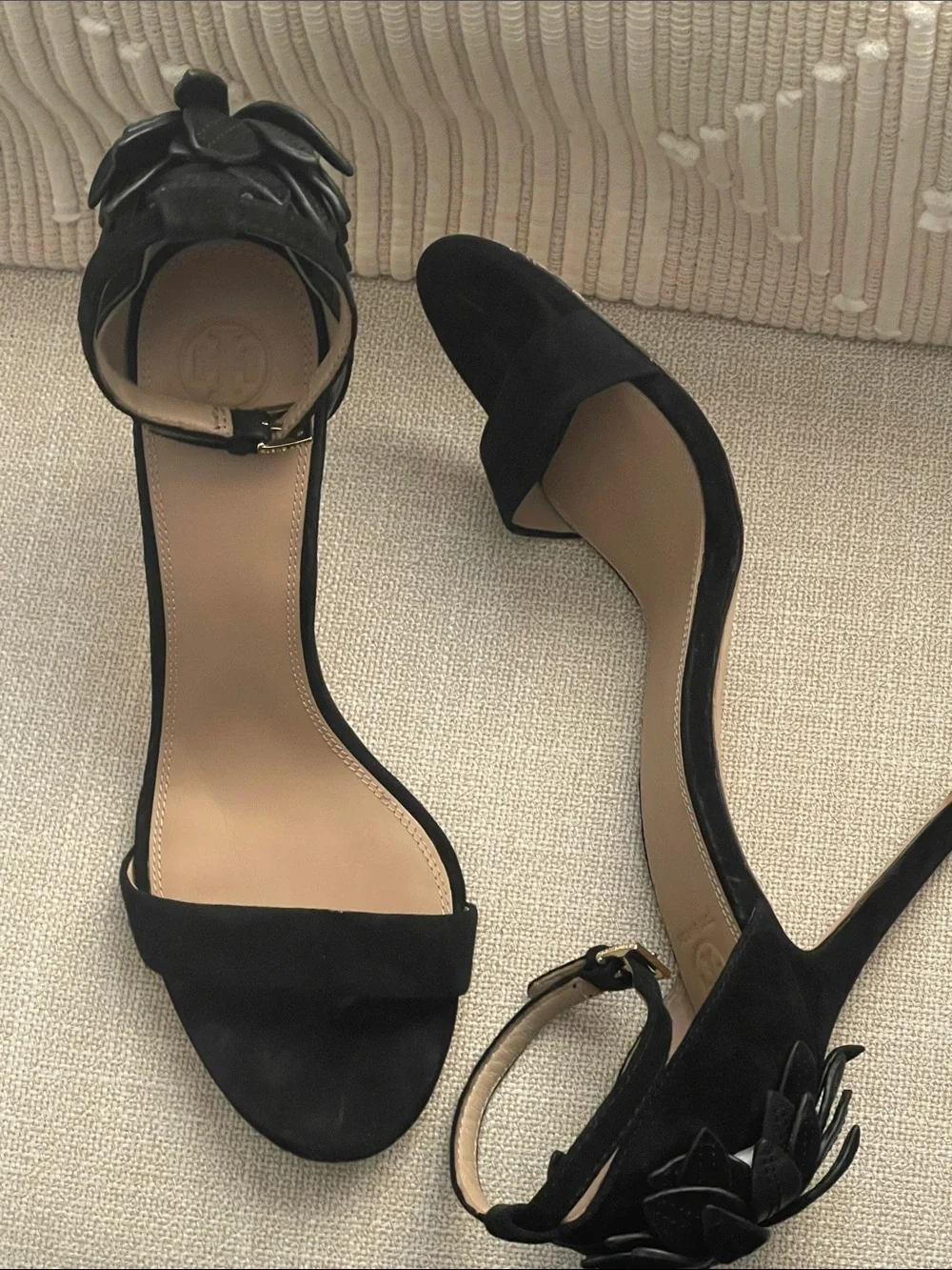 Tory Burch Suede Ankle-Strap Stiletto Heels with Floral Heel Accent